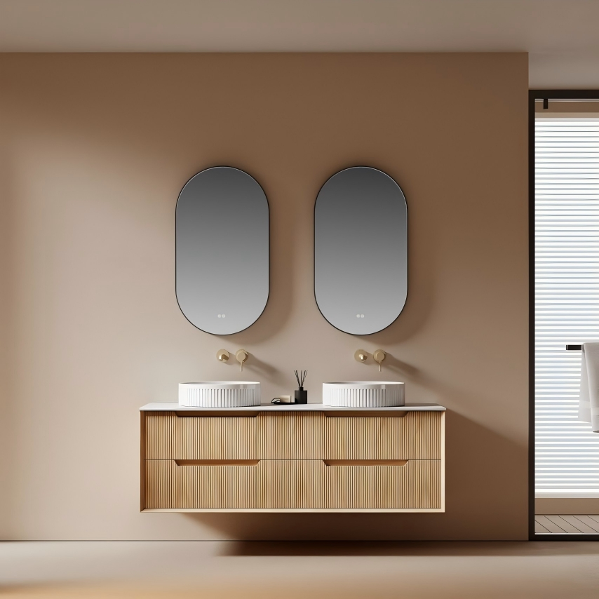 Vanidade dupla em madeira natural flutuante com acabamento premium, resistente à água