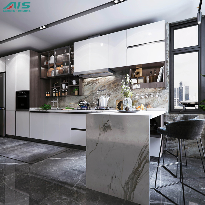 Design moderno, excelente qualidade, profissional, armários de cozinha prontos, base construída em alumínio, laqueado pérola branca, ilha