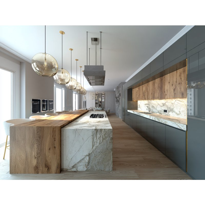 Armário de Cozinha Contemporâneo Alto em Madeira Natural Bicolor Durável com Fechamento Suave