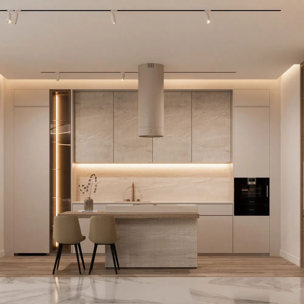 Cozinha Moderna com Design Personalizado de Armários e Ilha de Cozinha Completa