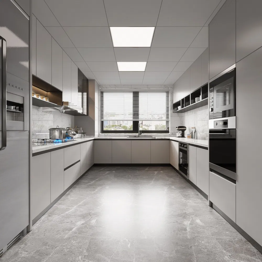 Armário de despensa cinza OSB moderno, armários de cozinha, design personalizado em forma de U