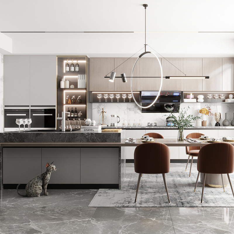 Conjunto de Móveis de Cozinha Moderna Fohsan Design Vintage Módulo de Canto Lacado em Madeira Sólida com Ilha