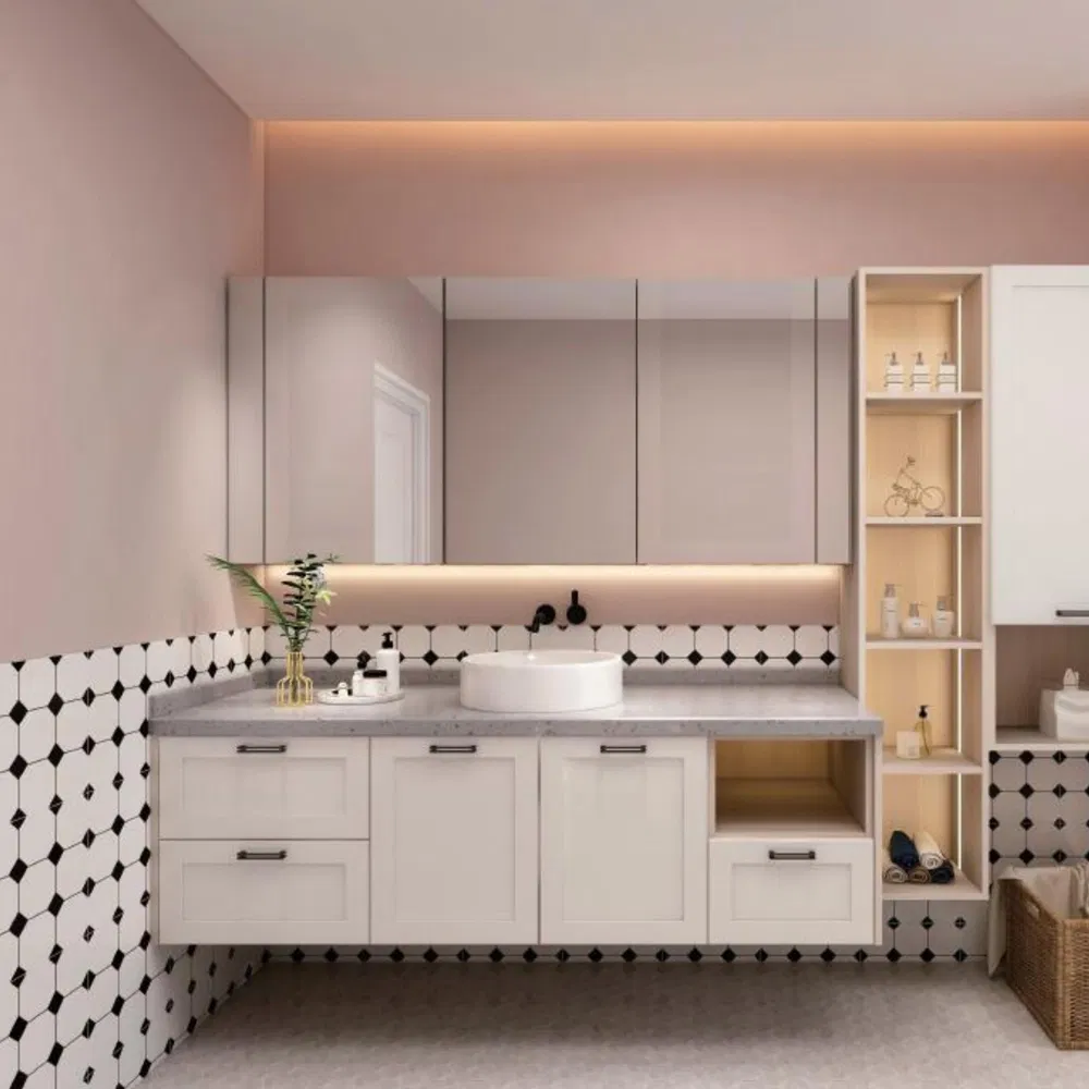 Móvel de banheiro com gabinete de painel de fábrica, com pias simples e duplas e espelho, lavatório para banheiro de hotel
