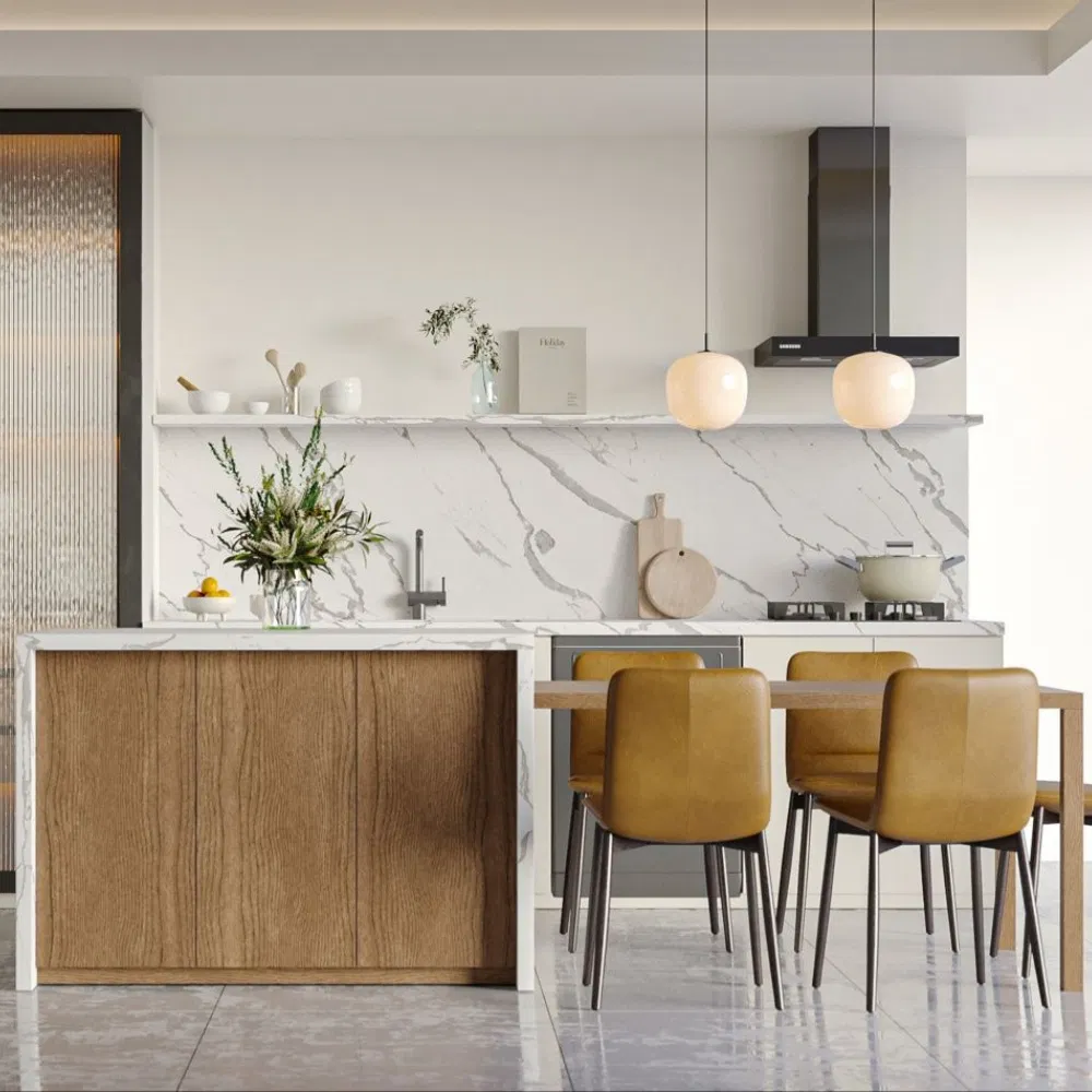 Cozinha Moderna com Design Personalizado de Armários e Ilha de Cozinha Completa