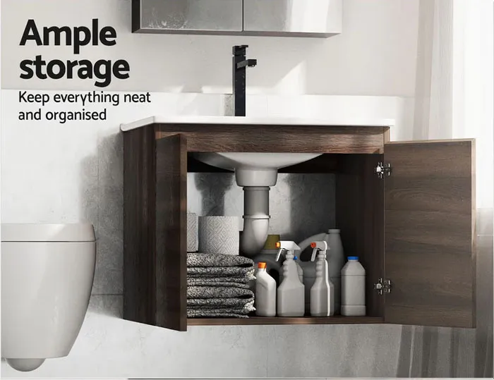 Unidade de Banheiro de Parede em Madeira Nogueira com Lavabo de Cerâmica 600mm