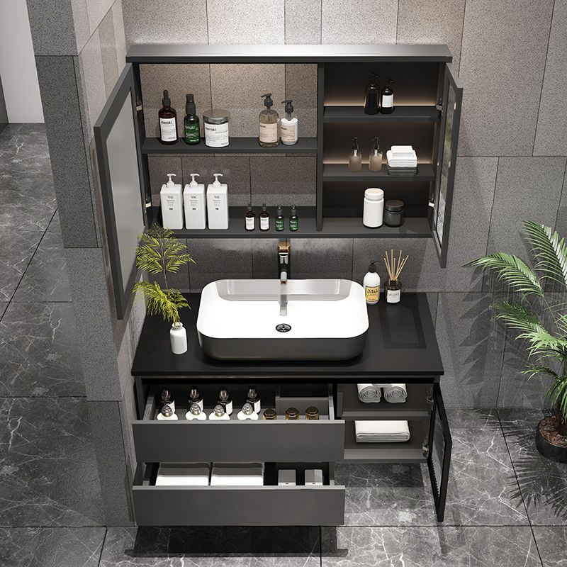 Conjunto de Móvel de Banheiro Flutuante com Dupla Pia em Mármore Branco e Madeira de Carvalho com Torneiras Montadas na Parede, Armário de Banheiro com Superfície de Pedra Natural e Espelho LED