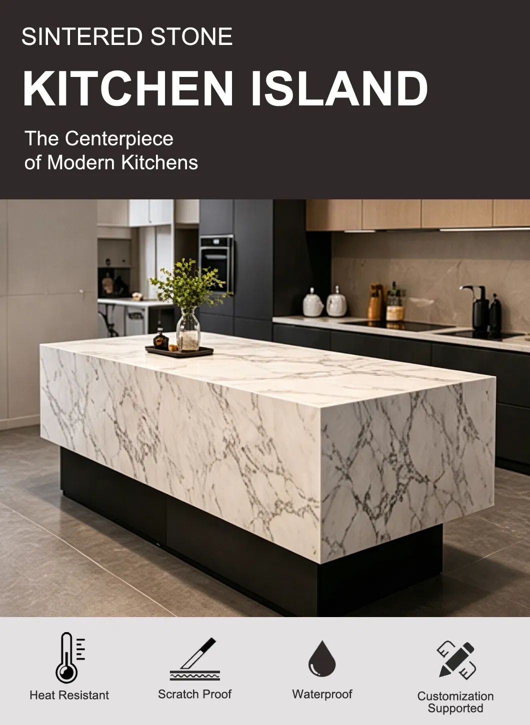 Bancada de Cozinha em Pedra Sinterizada Design Personalizado Estilo Luxuoso Pedra Natural Mármore Ilha
