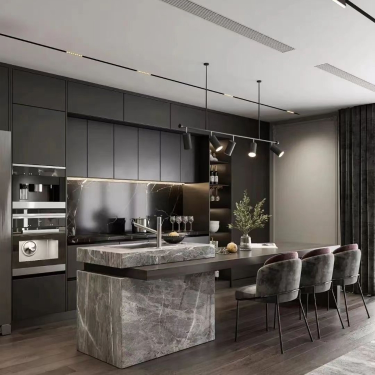 Armário de Cozinha de Luxo Personalizado com Ilha Designs de Cozinha Moderna Luxo Novo Design Preto Personalizado Armários de Cozinha Completo para Vila