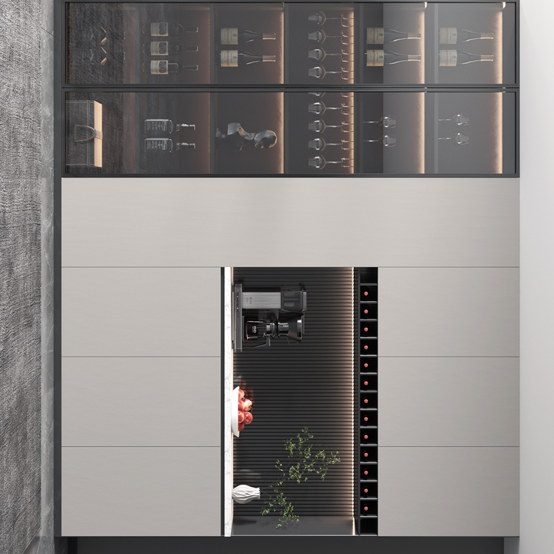 Armário de Vinho Alto Branco Arqueado Personalizado para Cozinha, Sala de Estar e Sala de Jantar, Móvel de Armazenamento e Exposição de Vinho em Madeira de Carvalho Sólido com Portas de Vidro