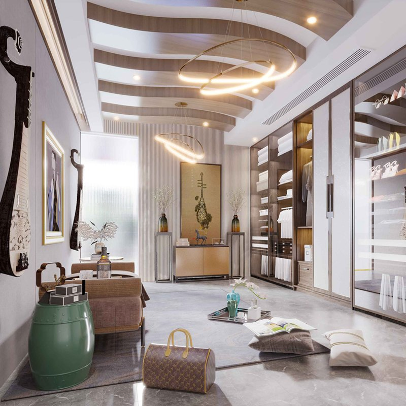 Novos Designs Canto Armário de Linho Plástico MDF Móvel Moderno em Madeira Teak Guarda-Roupa com Porta Deslizante de Vidro e Ilha