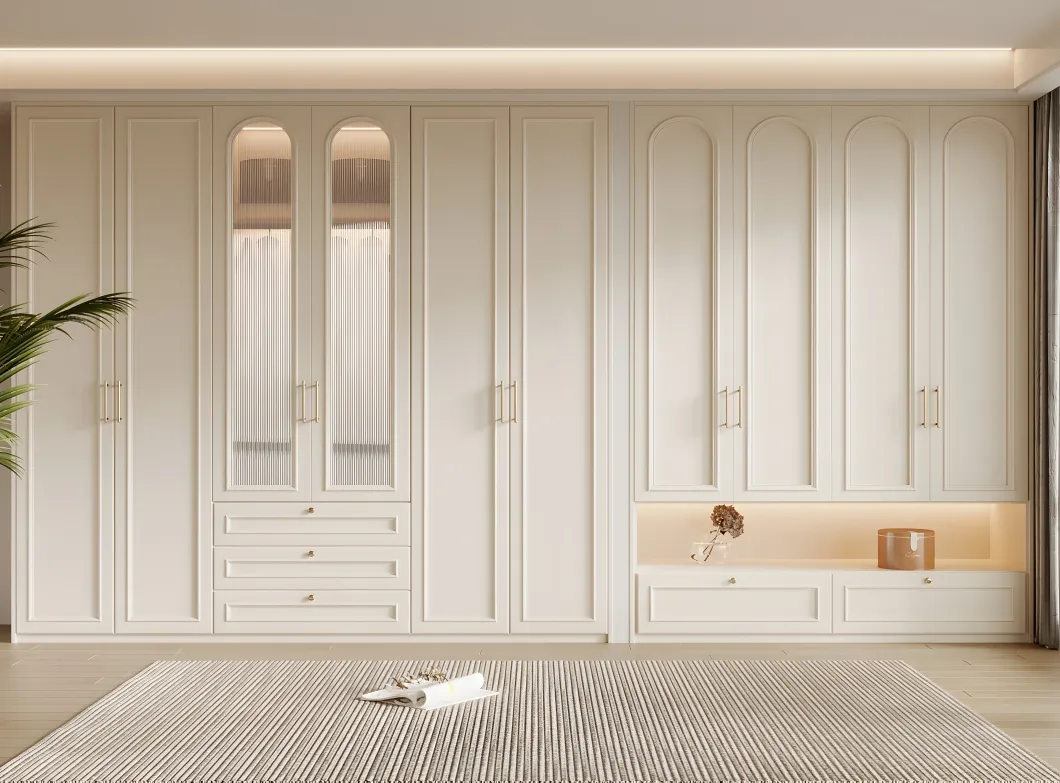 Design de Armários de Quarto em Madeira Sólida Branca Europeia com Porta de Vidro e Faixa de Luz