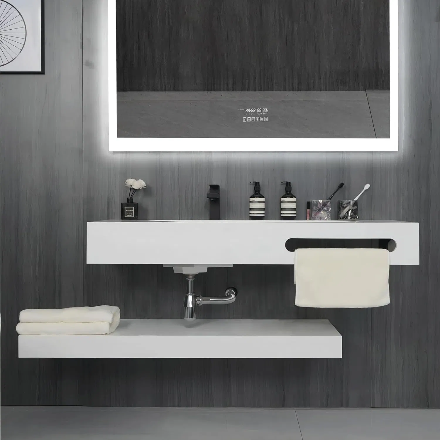 Conjunto de Pia de Banheiro Flutuante Ultra Moderno com Prateleiras Abertas e Espelho com LED