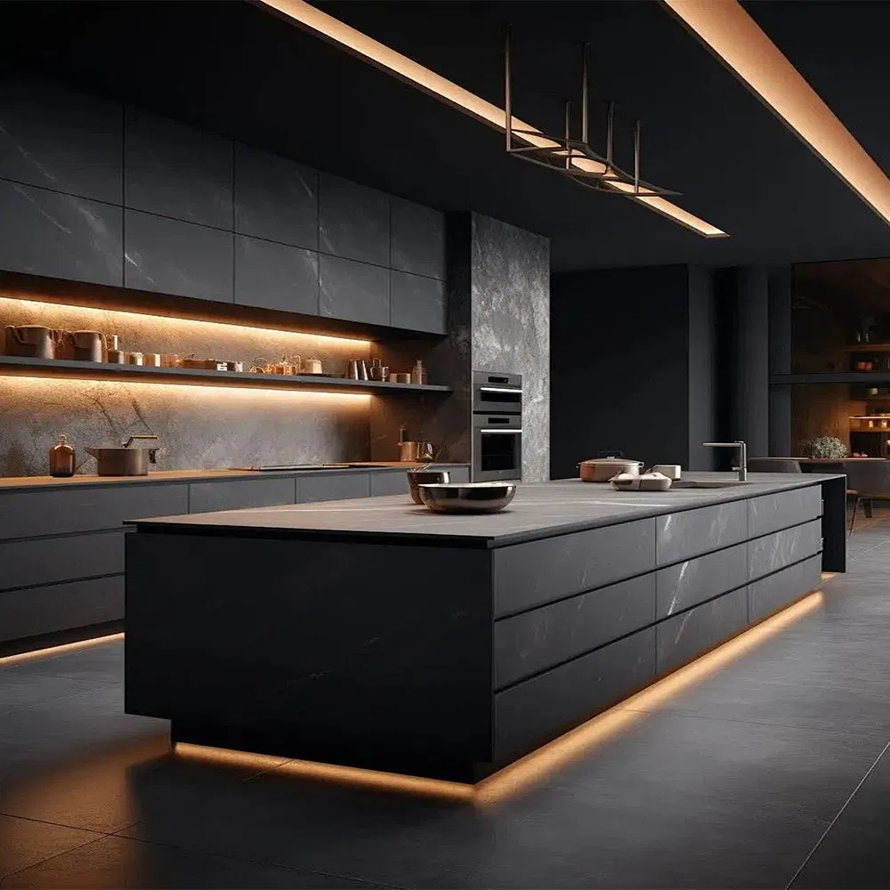 Fábrica de Foshan Design Moderno Armário de Cozinha Modular Personalizado em Compensado com Revestimento de Madeira, Armários de Cozinha com Ilhas