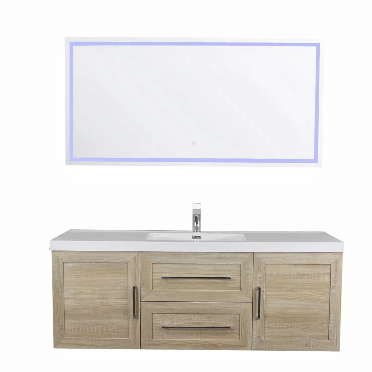 60 Unidade de Vanidade Montada na Parede em Plywood Branco Brilhante Moderno para Banheiro com Espelho LED