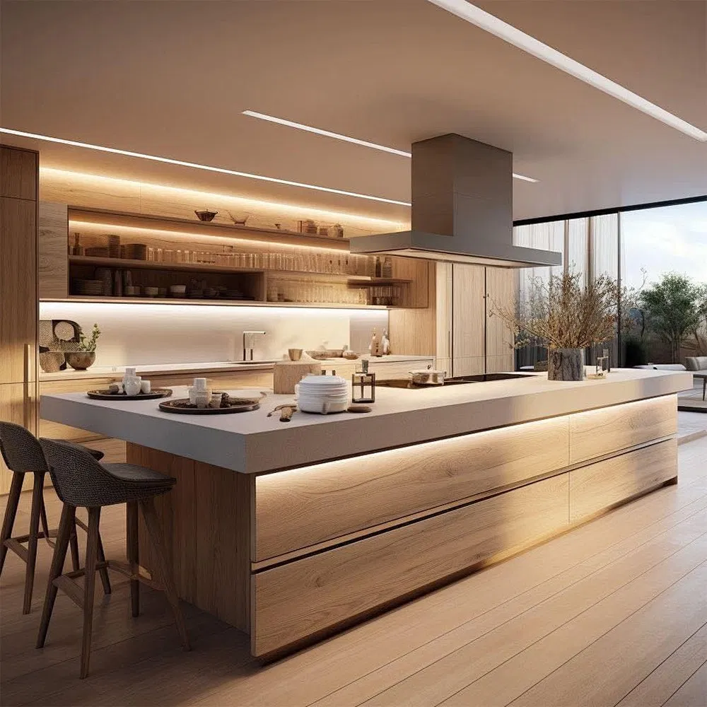 Fábrica de Foshan Design Moderno Armário de Cozinha Modular Personalizado em Compensado com Revestimento de Madeira, Armários de Cozinha com Ilhas