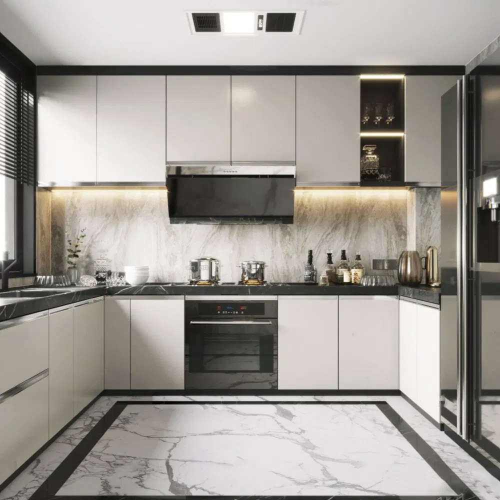 Armário de despensa cinza OSB moderno, armários de cozinha, design personalizado em forma de U