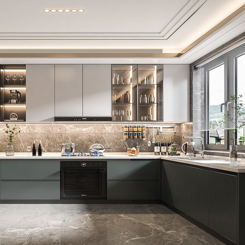 Conjunto de Armários de Cozinha de Madeira Sólida de Luxo Moderno de Foshan Móveis para Casa Forma Personalizada Design de Alumínio / Ilha Armários de Cozinha Modulares Estilo Shaker