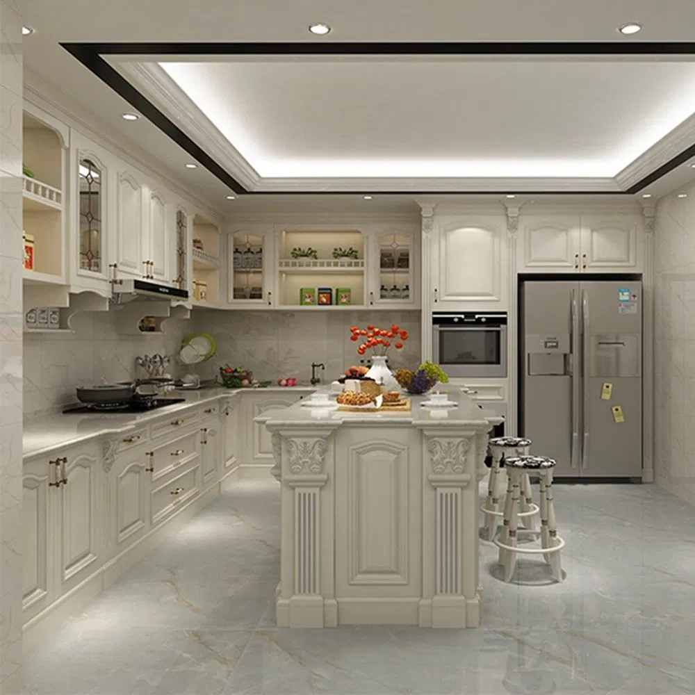 Móveis de Madeira Sólida Brancos Personalizados Luxuosos Design de Exibição de Ilha Atacado Armários de Madeira Modernos Pintura Laminada Despensa Alta de Armazenamento Armários de Cozinha