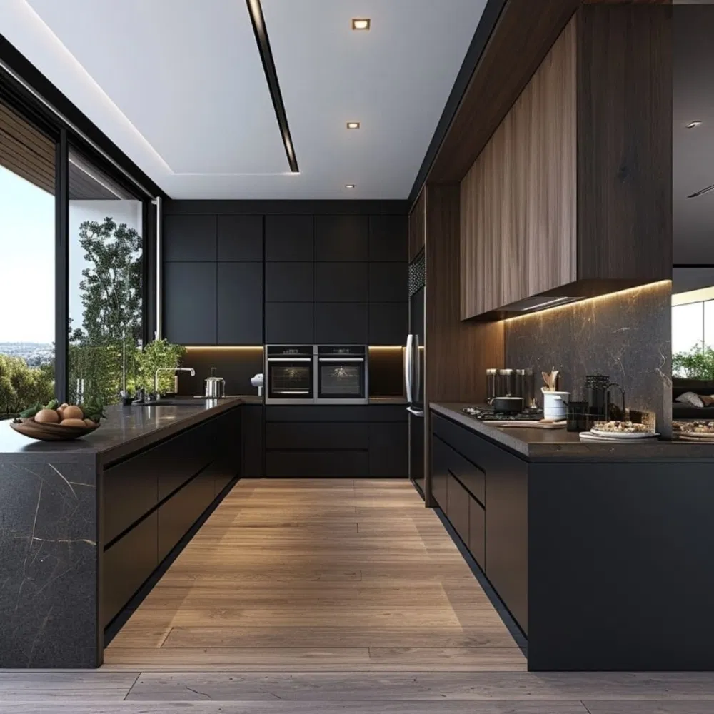 Armário de Cozinha de Luxo Personalizado com Ilha Designs de Cozinha Moderna Luxo Novo Design Preto Personalizado Armários de Cozinha Completo para Vila
