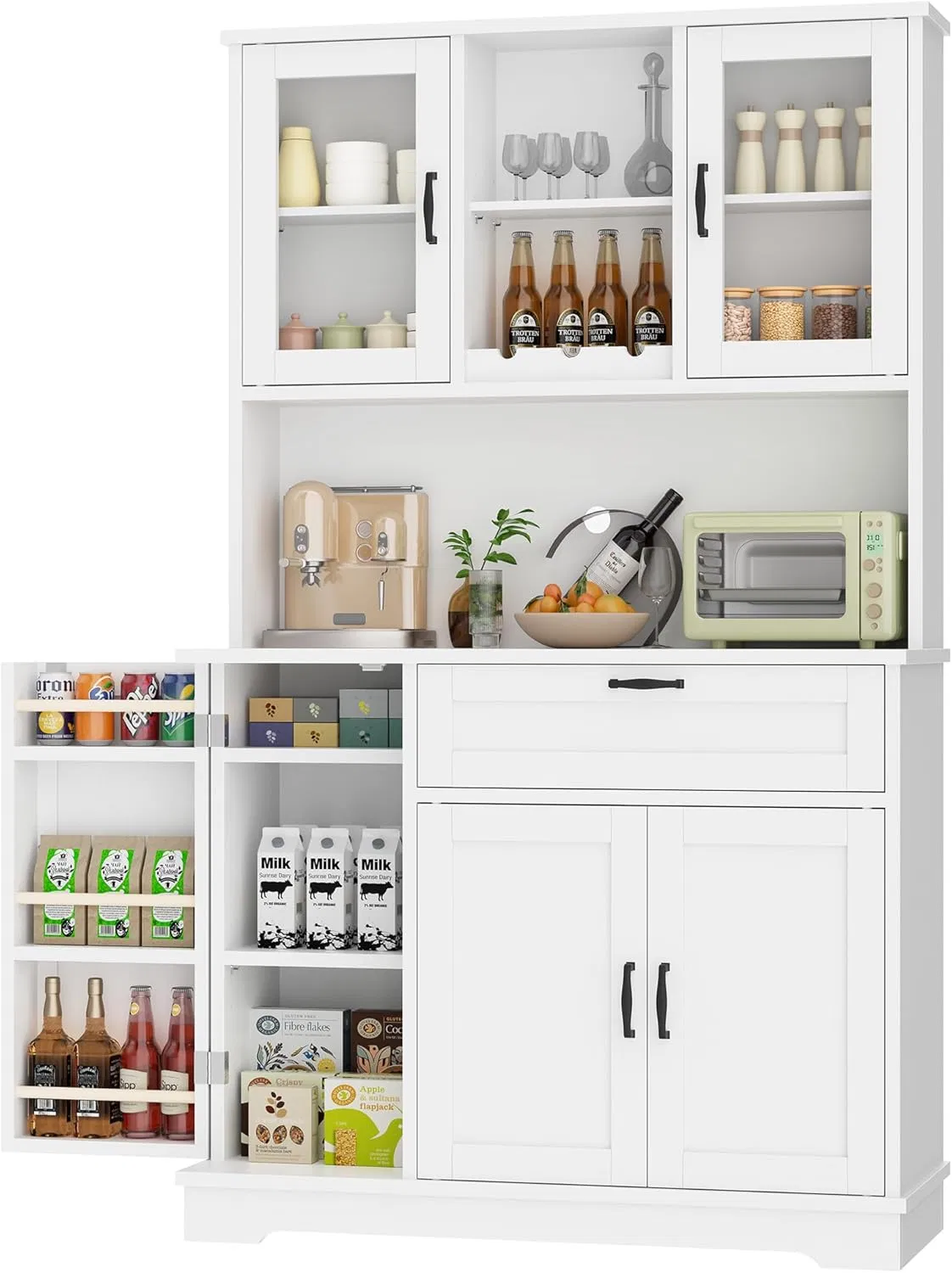Buffet alto de madeira marrom com portas de vidro, suporte para vinho e gavetas