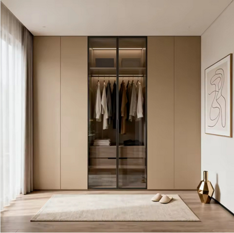 Armário Alto Moderno Organizador de Closet em Folheado de Madeira Móveis de Quarto em Madeira