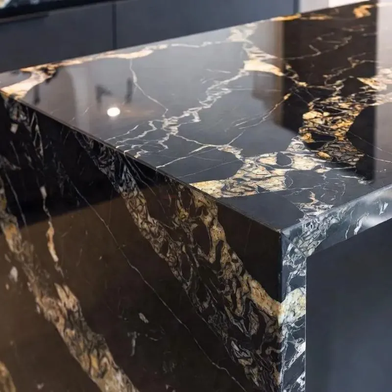 Bancada de Cozinha em Mármore Nero Marquina de Luxo com Superfície de Pedra Preta Polida Design Moderno de Armário de Bar em Casa