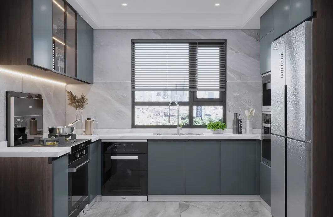 Armário de despensa cinza OSB moderno, armários de cozinha, design personalizado em forma de U