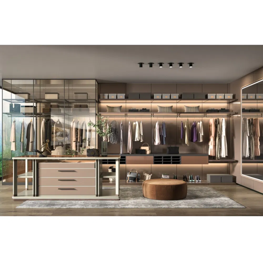 Design de Apartamento Guarda-Roupa Moderno Personalizado com Portas de Vidro Guarda-Roupa com Cômoda e Espelho