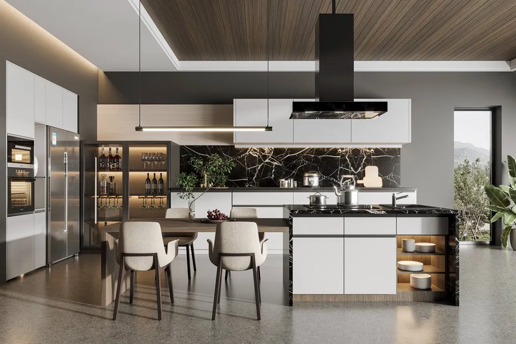 Conjunto de Móveis de Cozinha Moderna Design Vintage Módulo de Canto Lacado em Madeira Sólida com Ilha