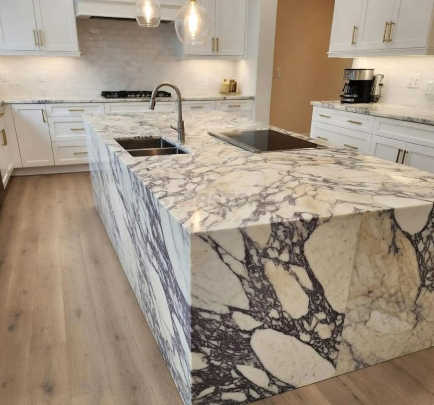Ilha de Cozinha de Mármore Calacatta Viola Personalizada de Luxo com Topo de Contraposição Roxo e Branco para Interiores Residenciais e Comerciais Modernos