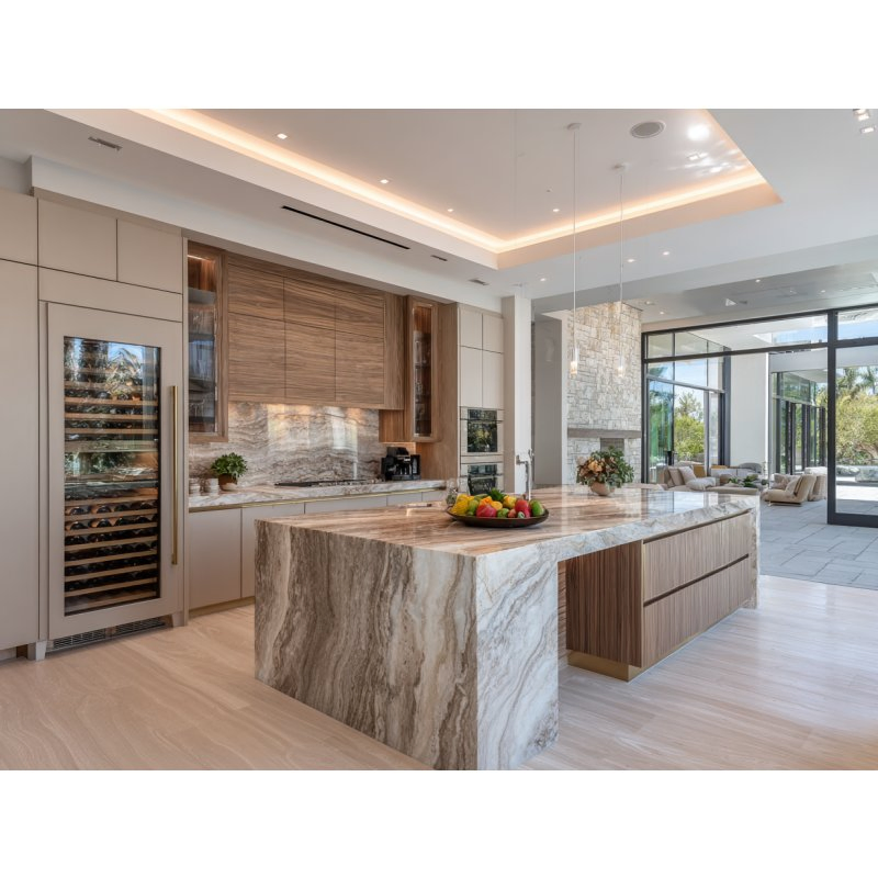 Armário de Cozinha Contemporâneo Alto em Madeira Natural Bicolor Durável com Fechamento Suave