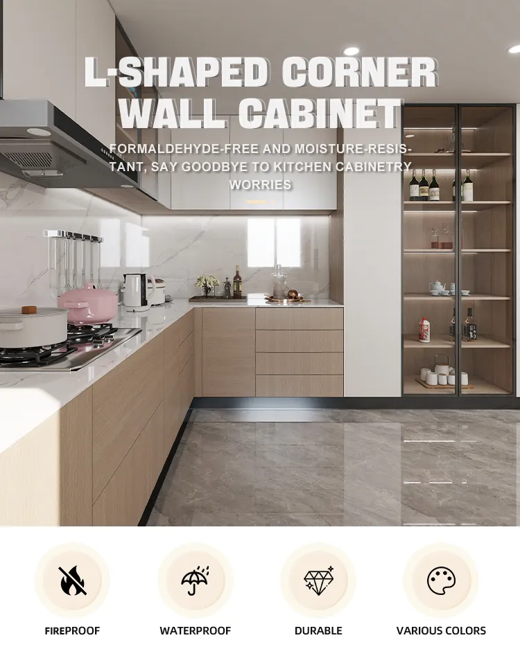 Preços de Armário de Cozinha Pull Down Branco e Dourado Atacado Design Moderno Toque Pull Down Fácil de Limpar Armário de Parede em L para Canto