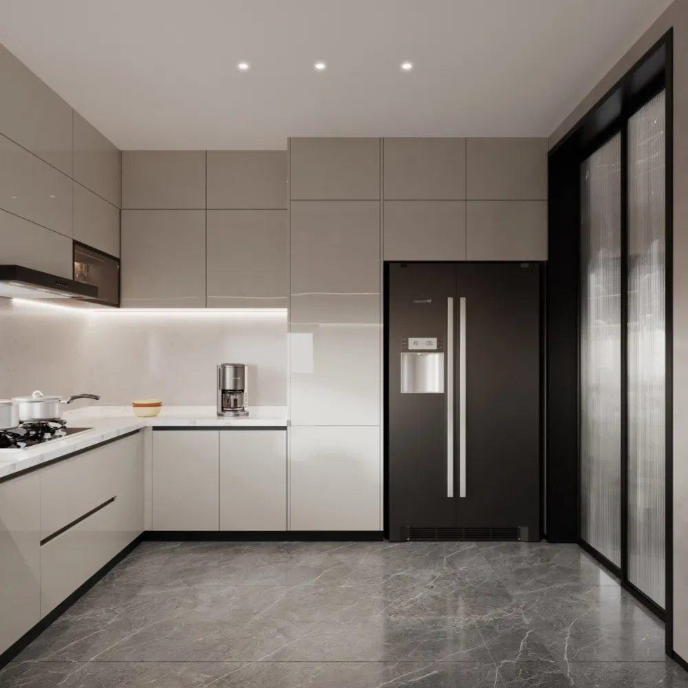 Armário de despensa cinza OSB moderno, armários de cozinha, design personalizado em forma de U