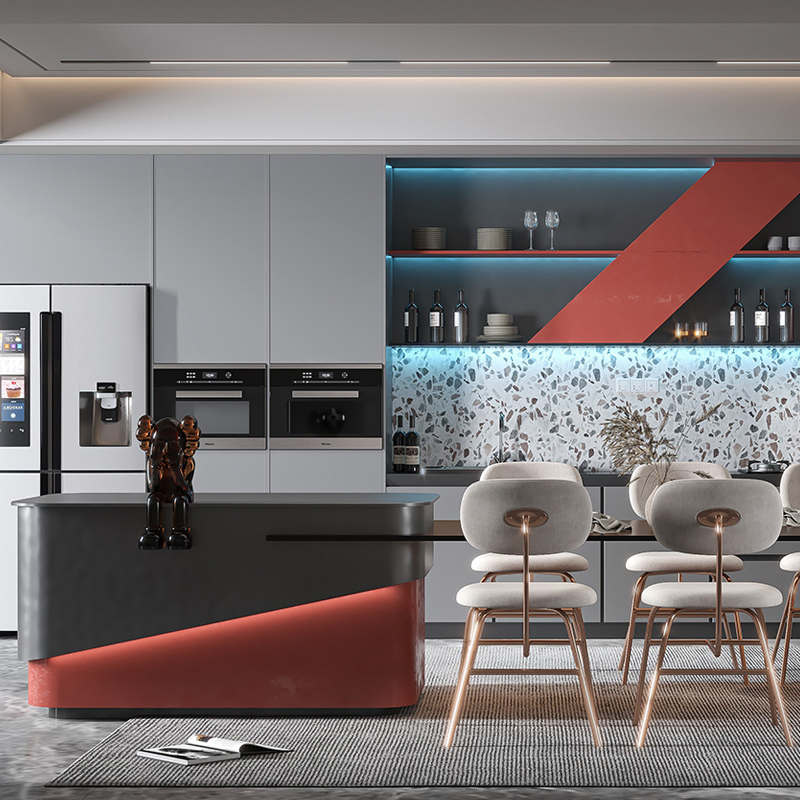 Conjunto de Armários de Cozinha de Madeira Sólida de Luxo Moderno de Foshan Móveis para Casa Forma Personalizada Design de Alumínio / Ilha Armários de Cozinha Modulares Estilo Shaker
