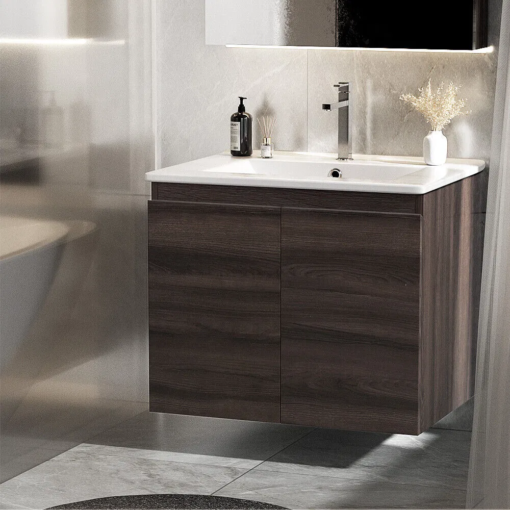 Unidade de Banheiro de Parede em Madeira Nogueira com Lavabo de Cerâmica 600mm
