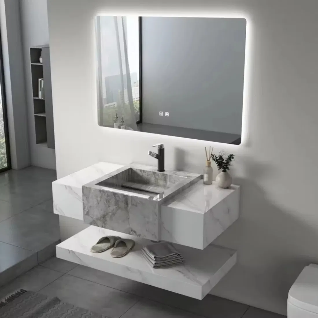 Vanidade de Banheiro de Luxo Italiana com Aquecedor de Toalhas Integrado e Armário de Remédios Iluminado