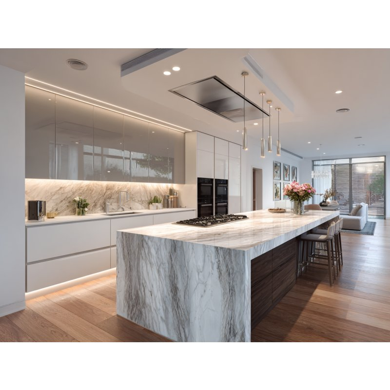 Armário de Cozinha Contemporâneo Alto em Madeira Natural Bicolor Durável com Fechamento Suave