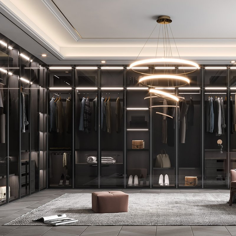 Novos Designs Canto Armário de Linho Plástico MDF Móvel Moderno em Madeira Teak Guarda-Roupa com Porta Deslizante de Vidro e Ilha