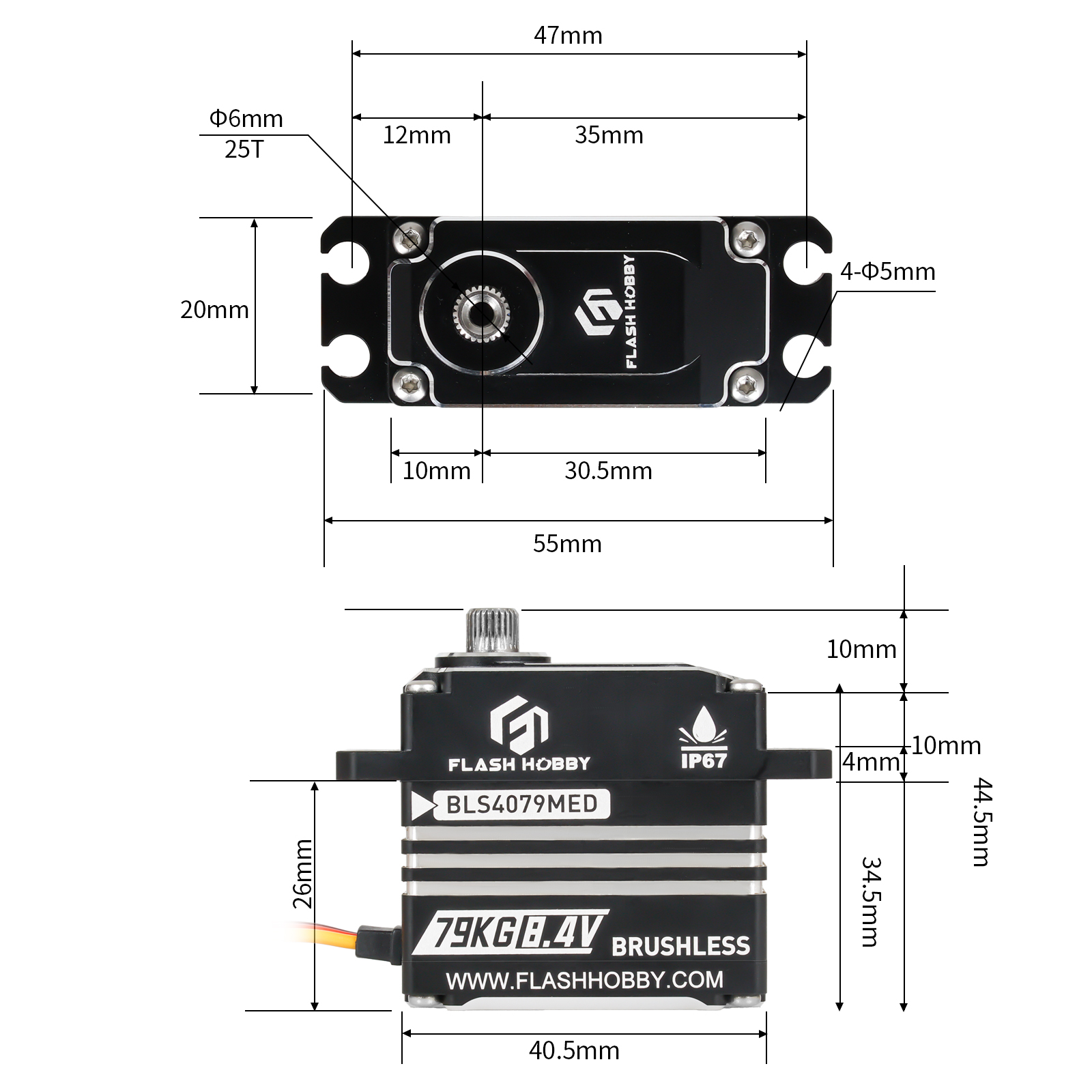 Flashhobby BLS4079MED 79kg Digital High Torque IP67 Waterproof Brushless Motor for Robot RC Car Boat Fan Electric Bicycle