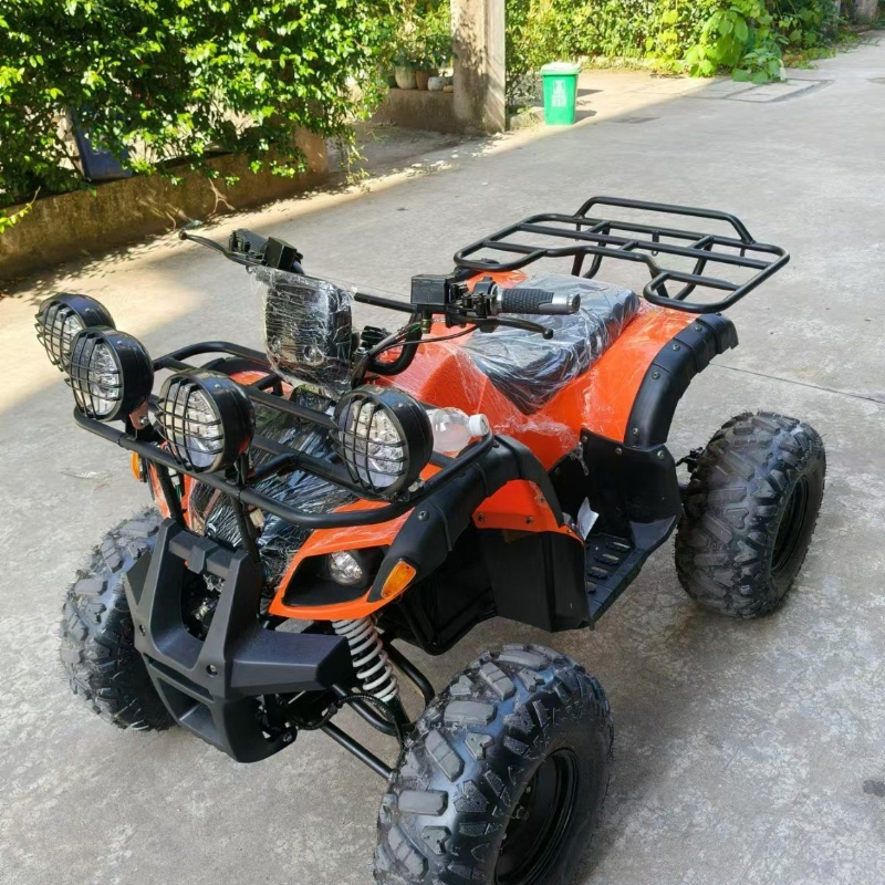 Vehículo ATV todoterreno con suspensión de doble brazo oscilante y frenos de disco hidráulicos para mayor seguridad