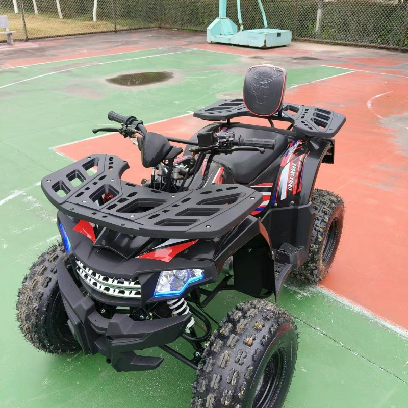 Vehículo ATV todoterreno con suspensión de doble brazo oscilante y frenos de disco hidráulicos para mayor seguridad