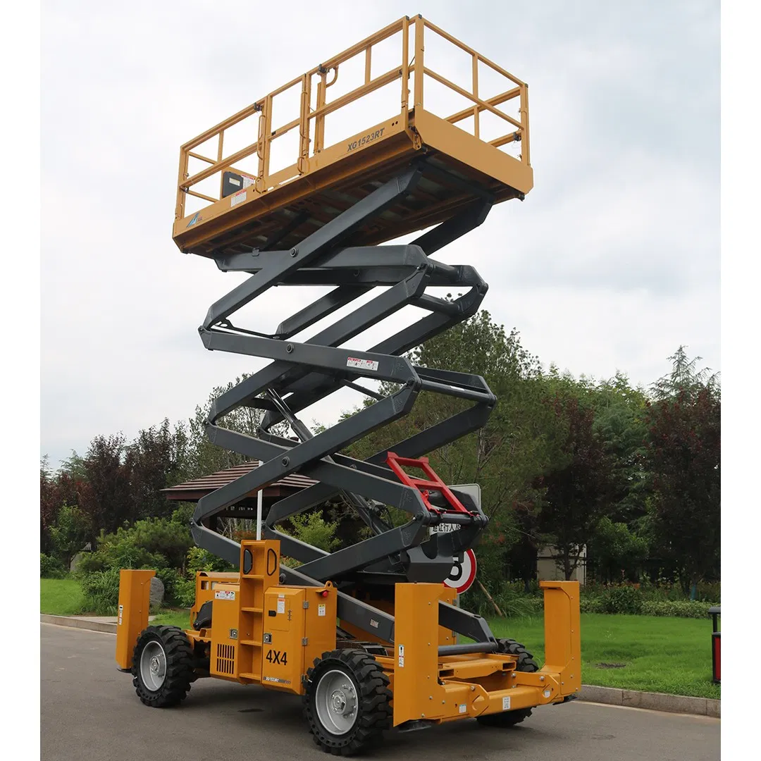 Construction Equipment 15m Diesel Rough Terrain Lifting Platform Xg1523rt Mini Hydraulic Aerial Work Platform Mobile Scissor Lift Table Platform for Sale