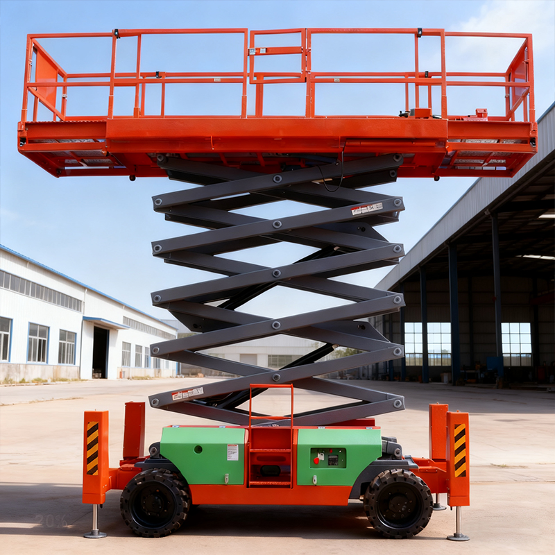 10m 12m 14m 16m 18m 20m Compact Indoor Mobile Elevating Rough Terrain Scissor Lift Warehouse Self-Propelled Electric Wheeled Aerial Work Platform with Outrigger
