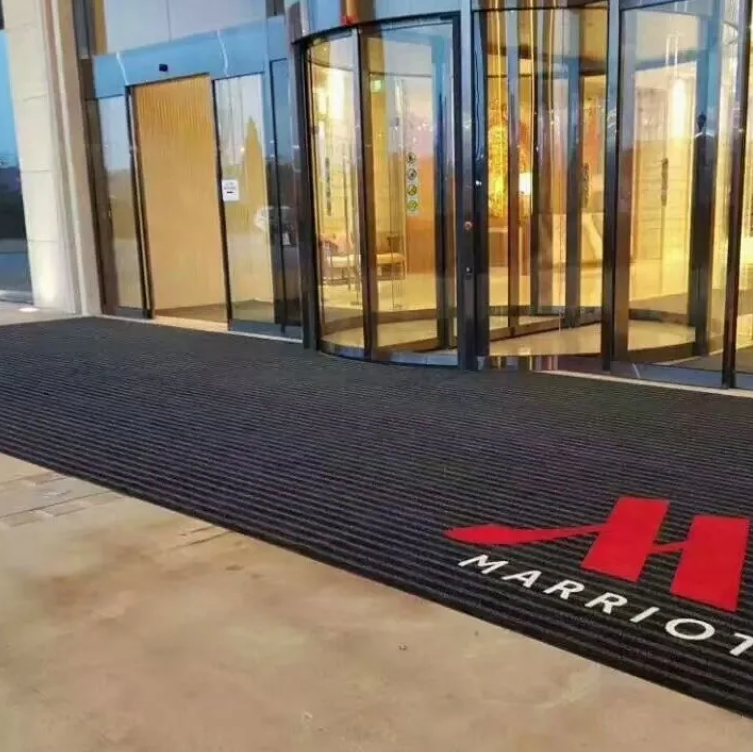 China Custom Logo Wholesale Anti-Mud Mats Nylon PVC Bottom Door Mat Non-slip Water Absorption Wide Stripe Hotel Entrance Rubber Carpet Suppliers, Factories