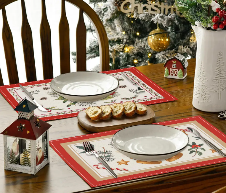 China Christmas Tree Bell Print Placemat Red Striped Checkered Linen Table Mat Custom Home Decor Dining Table Mat Manufacturer, Factory