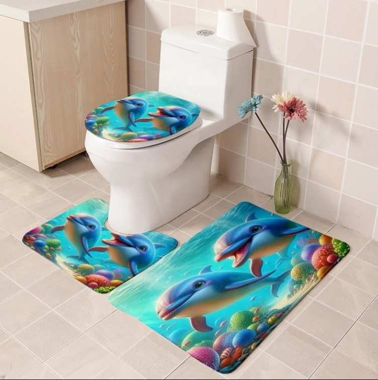 High-Quality Custom Printed 3-Piece Anti-Slip Bathroom Rug Set Flower Design Polyester Shower Curtain and Toilet Mat for Washroom Decoration Suppliers, Factory
