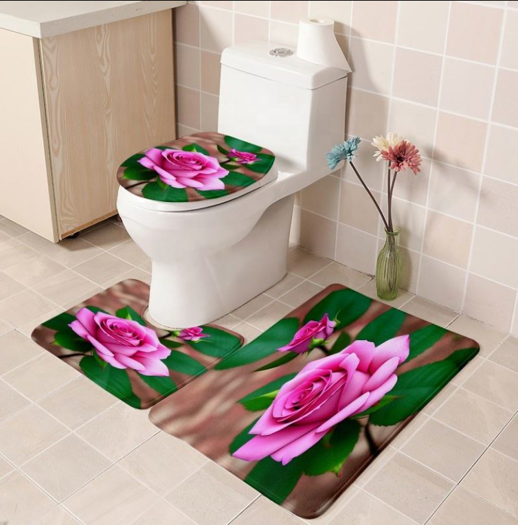 High-Quality Custom Printed 3-Piece Anti-Slip Bathroom Rug Set Flower Design Polyester Shower Curtain and Toilet Mat for Washroom Decoration Suppliers, Factory