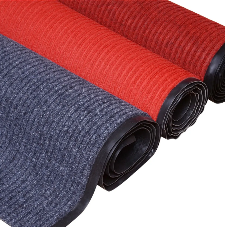 High-Quality Indoor/Outdoor Double Ribbed Door Mat with PVC Backing Non-Slip Stripe Floor Carpet Washable Polyester Material Factory, Factories