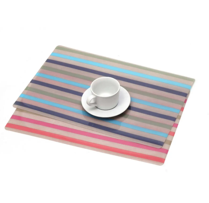 China Features recycled rainbow striped PVC rectangular woven table placemats Suppliers, Factories