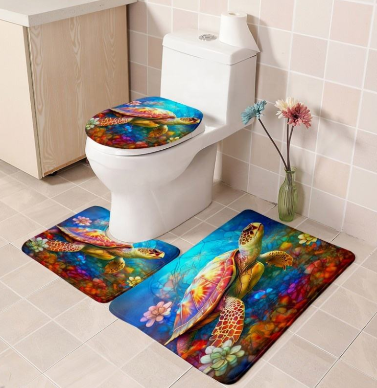 High-Quality Custom Printed 3-Piece Anti-Slip Bathroom Rug Set Flower Design Polyester Shower Curtain and Toilet Mat for Washroom Decoration Suppliers, Factory